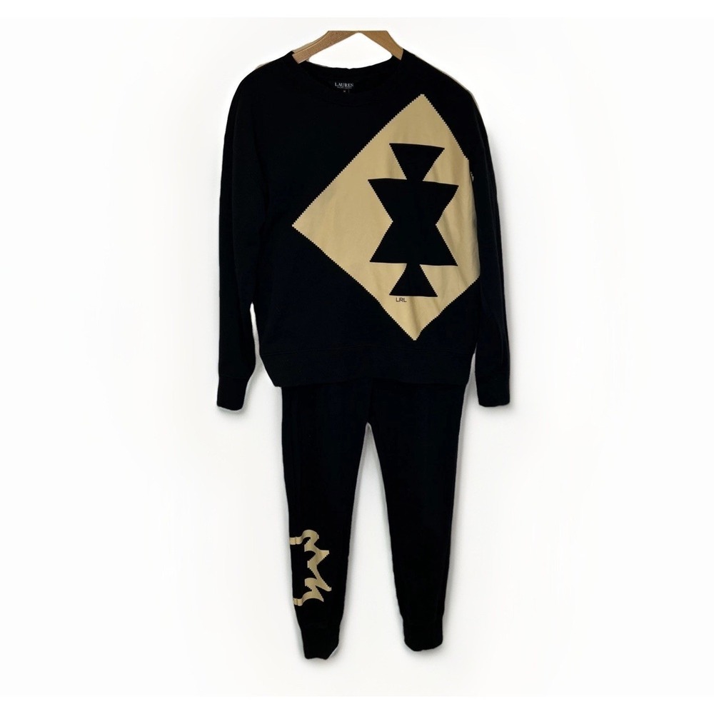 Lauren Ralph Lauren Womens Sweatshirt Sweatpants Set M Black Southwestern Aztec